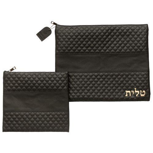 Leather Like Talit - Tefilin Set 36*29 cm Black with Embossed logo