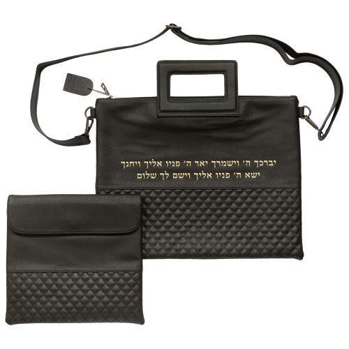 PU Fabric Talit & Tefilin Set 38*31 cm - Black with Embossed logo
