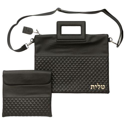 PU Fabric Talit & Tefilin Set 38*31 cm - Black with Embossed logo