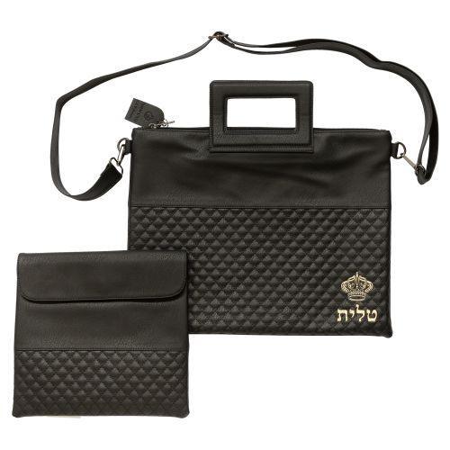 PU Fabric Talit & Tefilin Set 38*31 cm - Black with Embossed logo