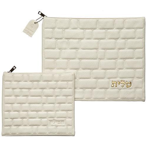 Leather Like Talit - Tefilin Set 36*29 cm with Embossed logo - White