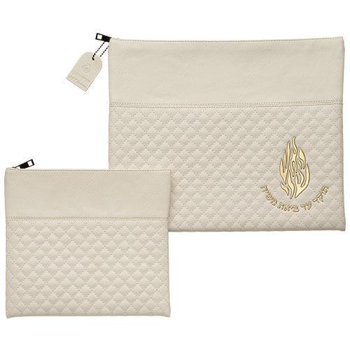 Leather Like Talit - Tefilin Set 36*29 cm with Embossed logo - White