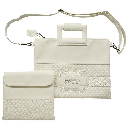 PU Fabric Talit & Tefilin Set 38*31 cm - White with Embossed Letters
