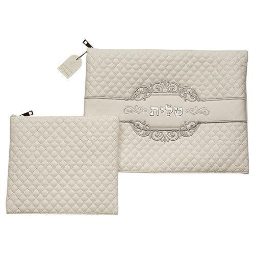 Leather Like Talit - Tefilin Set 36*29 cm White with Embossed Letters