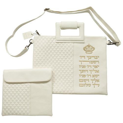 PU Fabric Talit & Tefilin Set 38*31 cm - White with Embossed Letters
