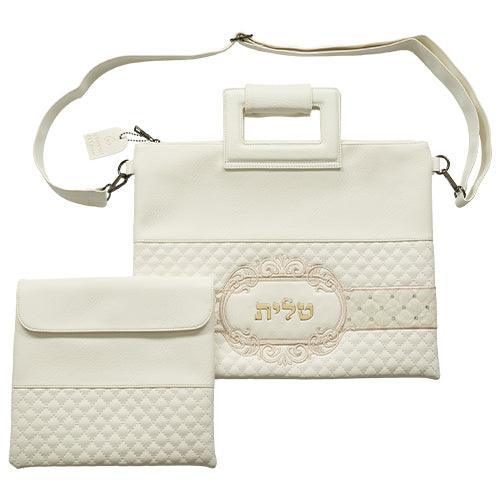 PU Fabric Talit & Tefilin Set 38*31 cm - White with Embossed Letters