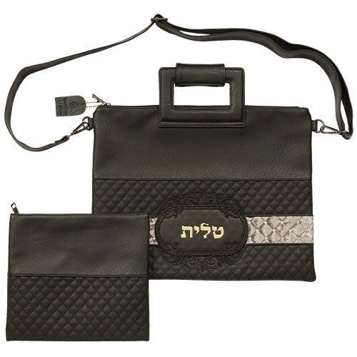 PU Fabric Talit & Tefilin Set 38*31 cm - Black with Embossed Letters