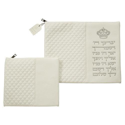 Leather Like Talit - Tefilin Set 36*29 cm White with Embossed Letters