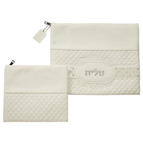 Leather Like Talit - Tefilin Set 36*29 cm White with Embossed Letters