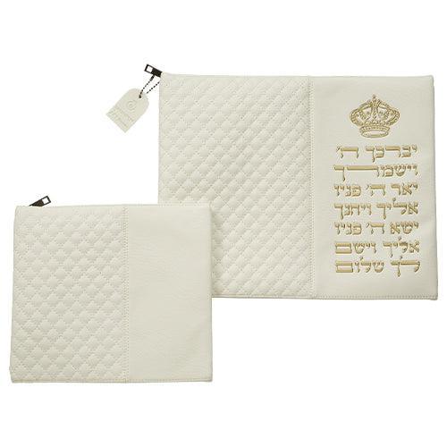 Leather Like Talit - Tefilin Set 36*29 cm White with Embossed Letters