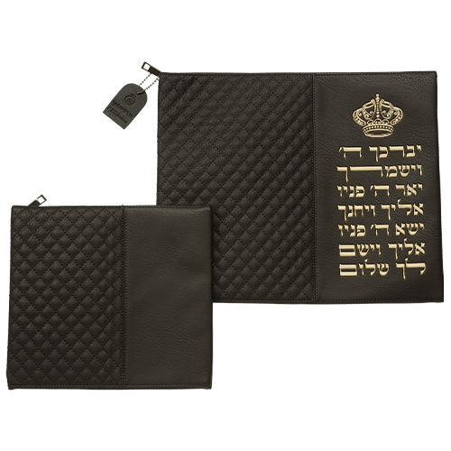 Leather Like Talit - Tefilin Set 36*29 cm Black with Embossed Letters
