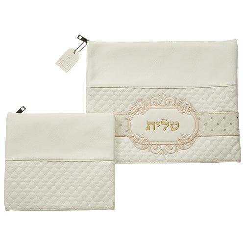 Leather Like Talit - Tefilin Set 36*29 cm White with Embossed Letters