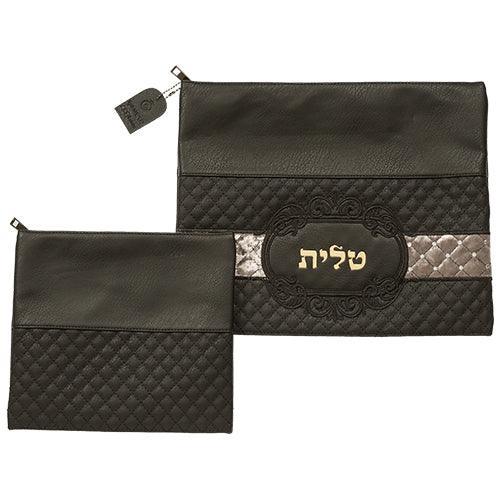 Leather Like Talit - Tefilin Set 36*29 cm Black with Embossed Letters