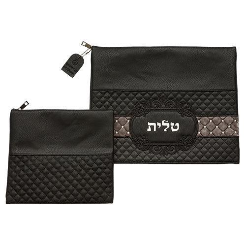 Leather Like Talit - Tefilin Set 36*29 cm Black with Embossed Letters