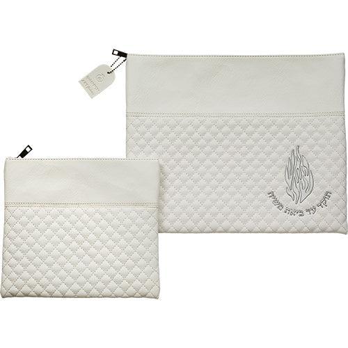 Leather Like Talit - Tefilin Set 36*29 cm with Embossed logo - White