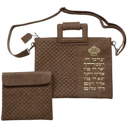 Leather Like Talit - Tefilin Set 36*29 cm with Bold Embroidery - Brown