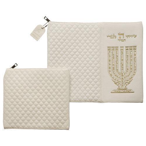 Leather Like Talit & Tefilin Set 38*31 cm - White with Embossed Letters