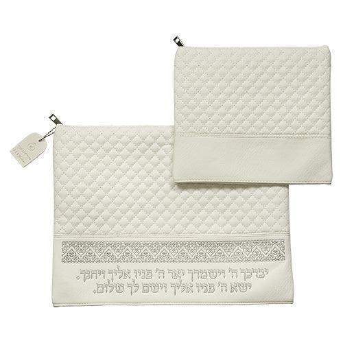 Leather Like Talit - Tefilin Set 36*29 cm White with Embossed Texture