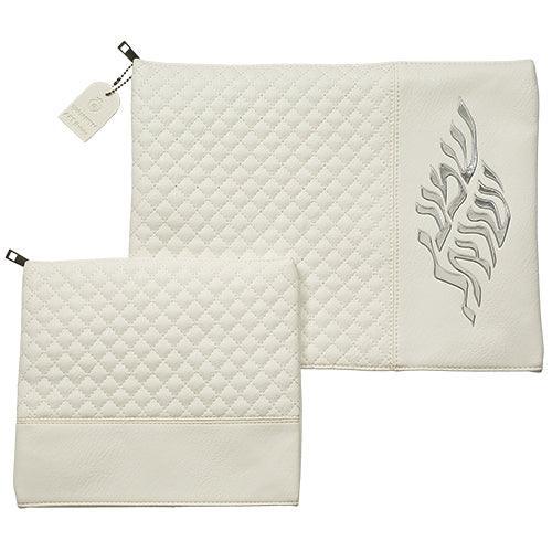 Leather Like Talit - Tefilin Set 36*29 cm White with Embossed Texture