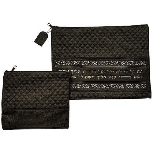 Leather Like Talit - Tefilin Set 36*29 cm Black with Embossed Texture