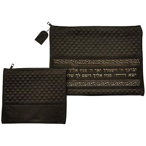 Leather Like Talit - Tefilin Set 36*29 cm Black with Embossed Texture