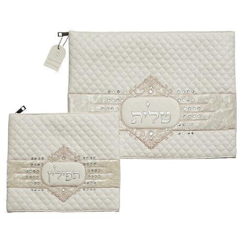 Leather Like Talit - Tefilin Set 36*29 cm White with Embossed Letters