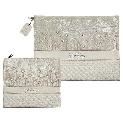 Leather Like Talit - Tefilin Set 36*29 cm White with Embossed Letters