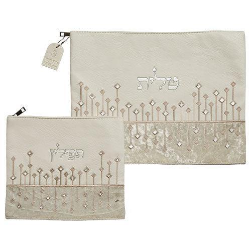 Leather Like Talit - Tefilin Set 36*29 cm White with Embossed Letters