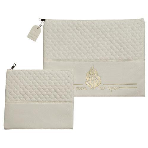 Leather Like Talit - Tefilin Set 36*29 cm with Embossed logo - White