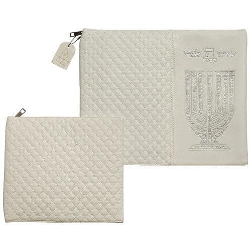 Leather Like Talit & Tefilin Set 38*31 cm - White with Embossed Letters