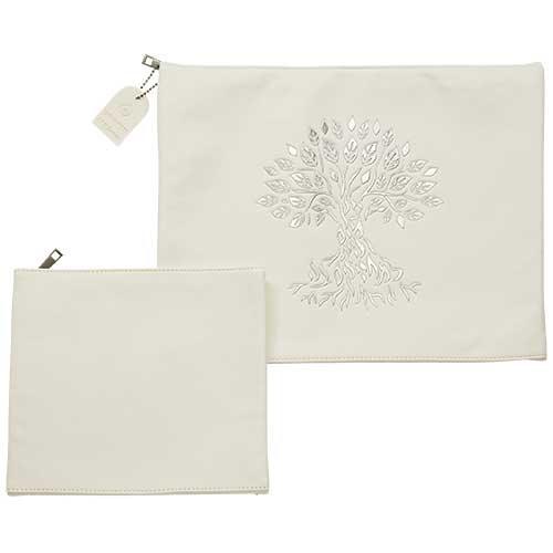 Leather Like Talit - Tefilin Set 36*29 cm White with Embossed Letters