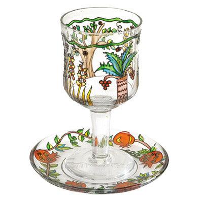 7 Species Glass Painted Kiddush Cup and Saucer