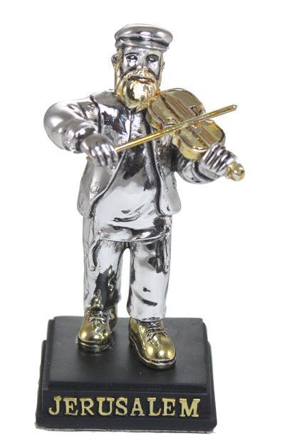 Silvered Polyresin Hassidic Figurine Stands On Stage 9 Cm- Fiddler