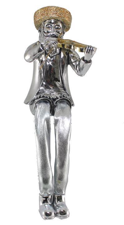 Silvered Polyresin Sitting Hassidic Figurine With Cloth Legs 19 Cm- Fiddle Player