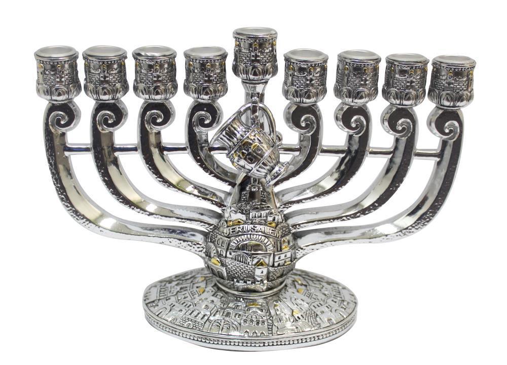 Silvered Polyresin Menorah 18x24 Cm With Oil Jug