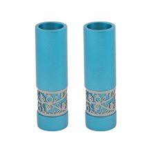 Emanuel Round Candlesticks with Metal Cutout Turquoise