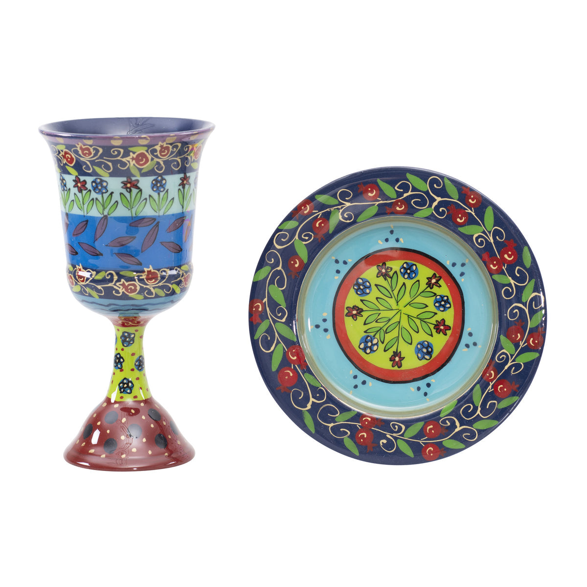 Hand Painted Kiddush Cup Multicolor Pomegranate Flowers Design