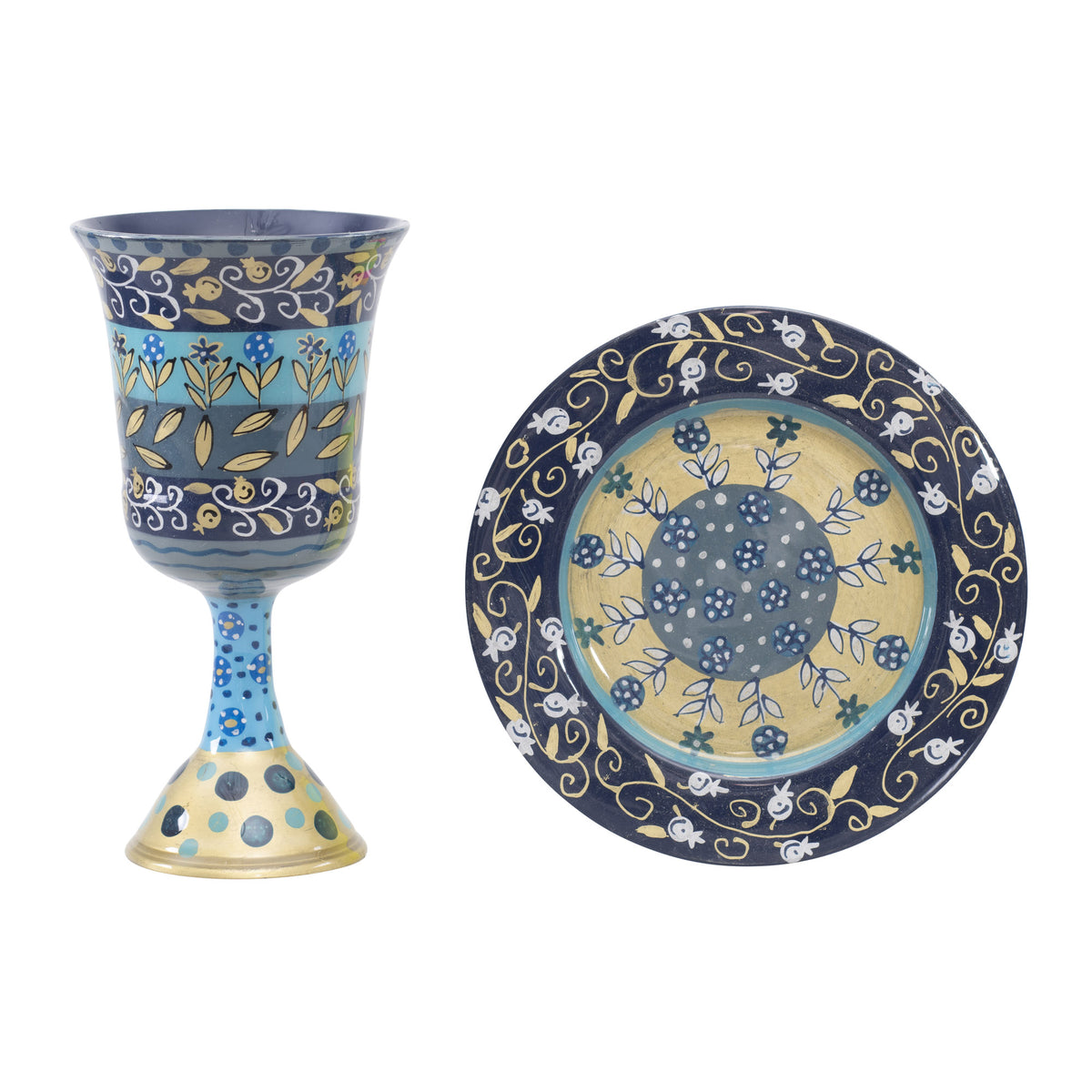 Hand Painted Kiddush Cup Blue Pomegranate & Flowers Design