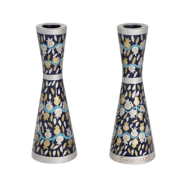 Emanuel Hand Painted Candlesticks Pomegranate Blue 7"