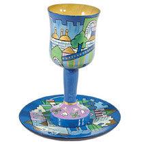 Jerusalem Blue Wooden Kiddush Cup and Plate Set