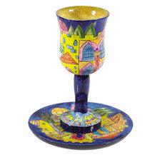 Blue Jerusalem Wooden Kiddush Cup and Plate Set