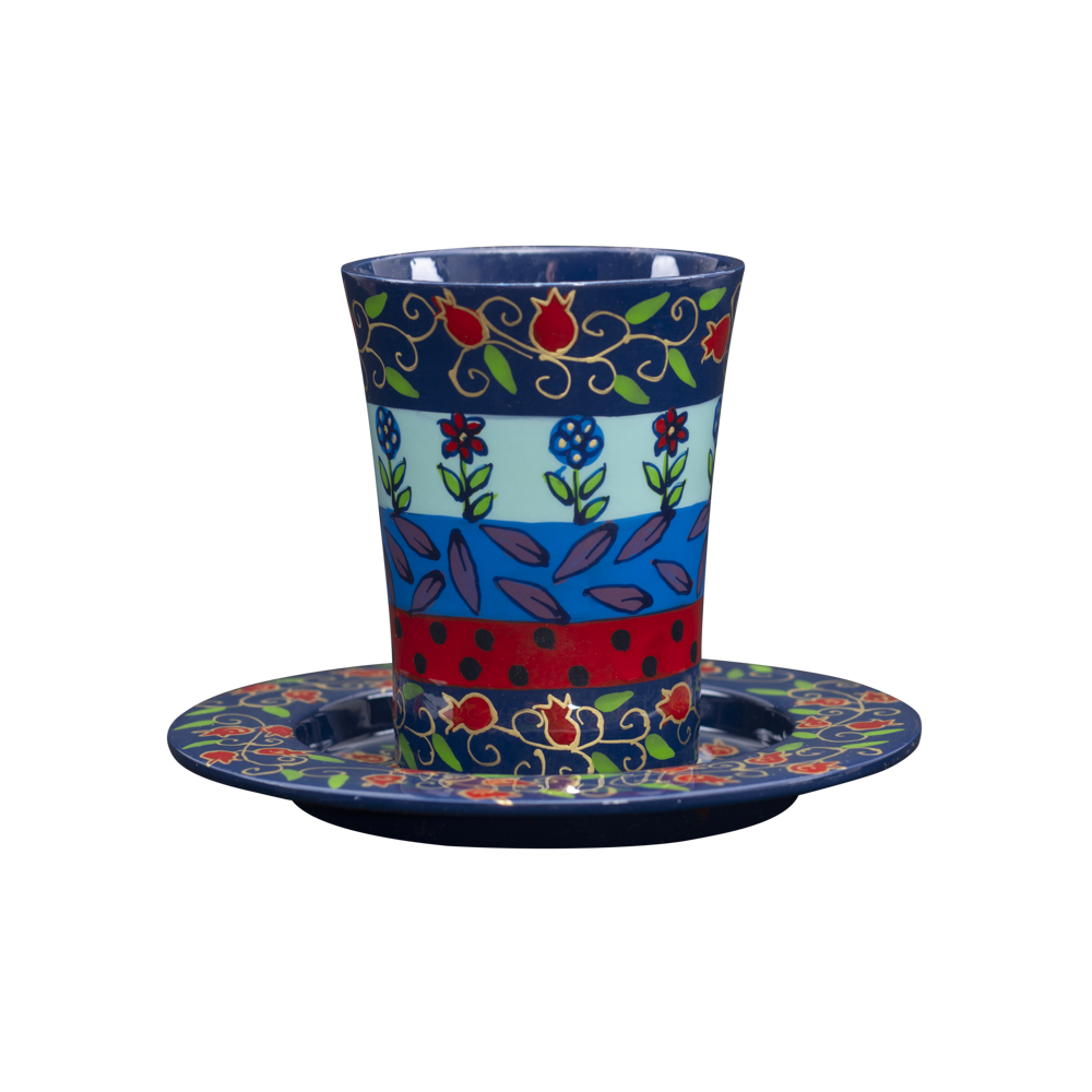 Emanuel Hand Painted Straight Kiddush Cup & Tray (Multicolor Pomegranates & Flowers)