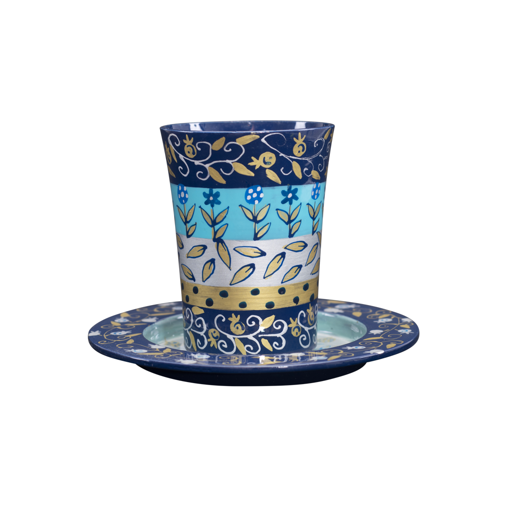 Emanuel Hand Painted Straight Kiddush Cup & Tray (Blue Pomegranates & Flowers)