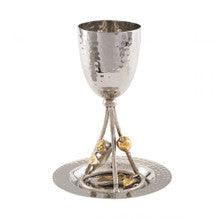 Hammered Kiddush Cup & Tray Branch Stem-Pomegranate