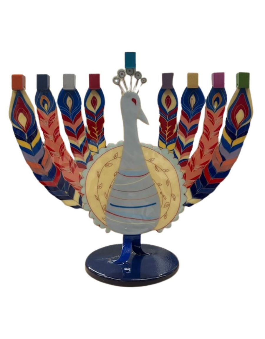 Emanuel Painted Metal Menora- Peacock