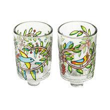Flying Birds and Branches Painted Glass Candle Holder Pair