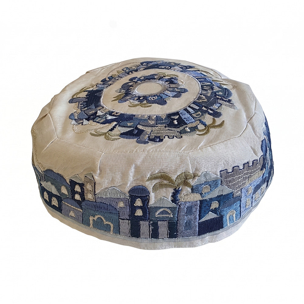 Embroidered Kippah Jerusalem Design (Blue)