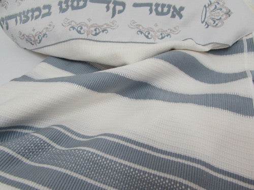 Cotton Tallis-White Lines With Silver Size 36 (51" x 36")