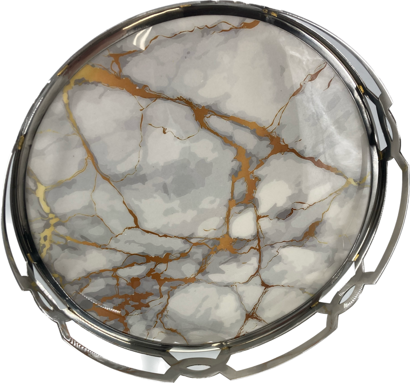 White/Gold Marble Matzah Tray-Stainless Steel Round