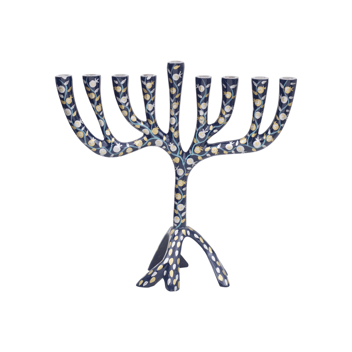 Large Painted Menorah 10.4" (Blue Pomegranates)